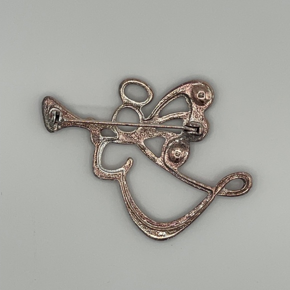 Christmas Angel Brooch Pin Angel Sounding Trumpet Silver Tone Rhinestones - Picture 2 of 5